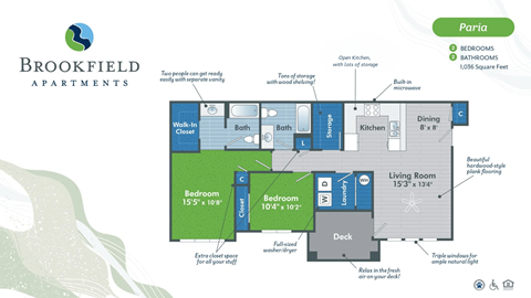Floor plan for 2 beds, 2 baths, 1036 sqft